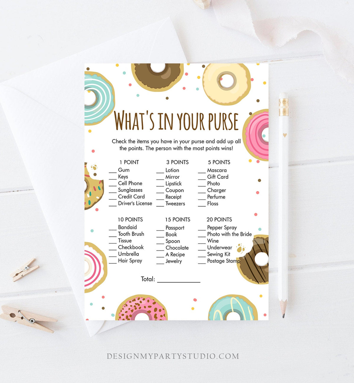 Editable Whats in Your Purse Bridal Shower Game Donut Coed Shower Doughnut Mind if I Do Wedding Activity Corjl Template Printable 0050