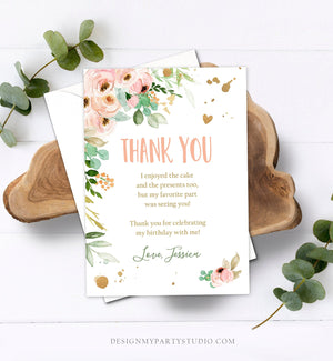 Editable Thank You Card Birthday Thank you Note Miss Onederful Pink Mint Gold Floral Flowers Download Printable Template Digital Corjl 0147