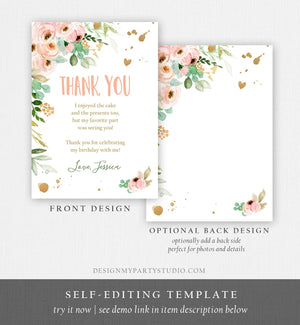 Editable Thank You Card Birthday Thank you Note Miss Onederful Pink Mint Gold Floral Flowers Download Printable Template Digital Corjl 0147