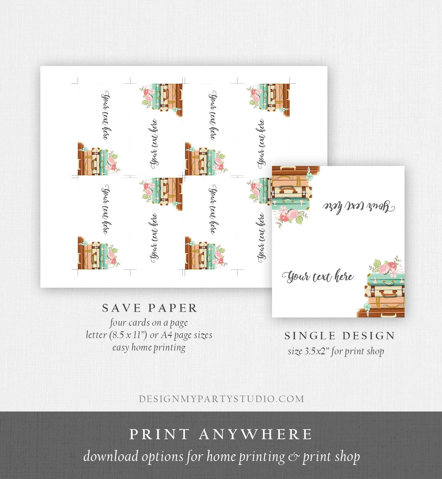 Editable Travel Adventure Food Labels Place Card Traveling to Mrs Tent Card Adventure Bridal Shower Suitcases Corjl Template Printable 0044