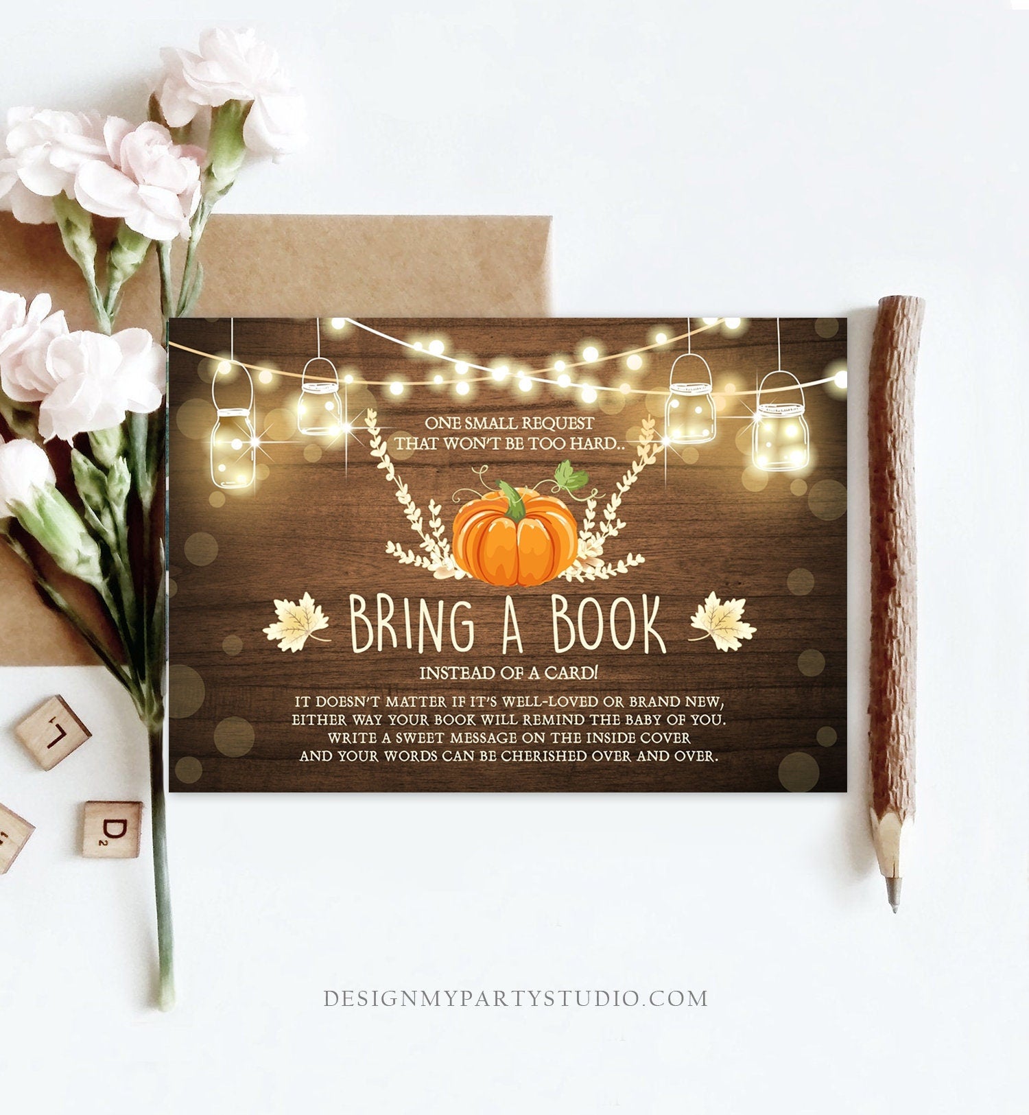 Editable Little Pumpkin Bring a Book Card Baby Shower Books for Baby Orange Pumpkin Rustic Autumn Book Insert Corjl Template Printable 0015