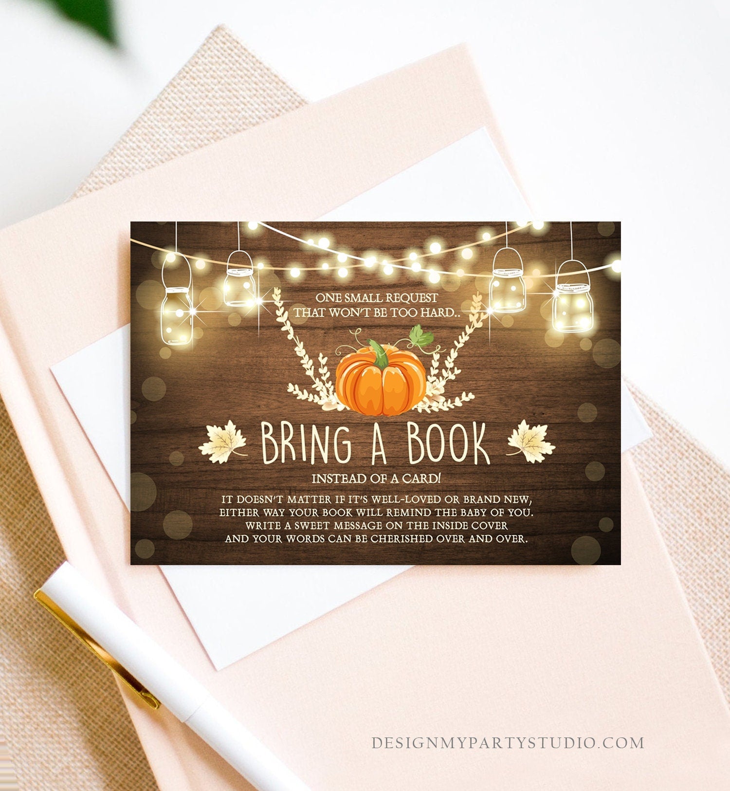 Editable Little Pumpkin Bring a Book Card Baby Shower Books for Baby Orange Pumpkin Rustic Autumn Book Insert Corjl Template Printable 0015