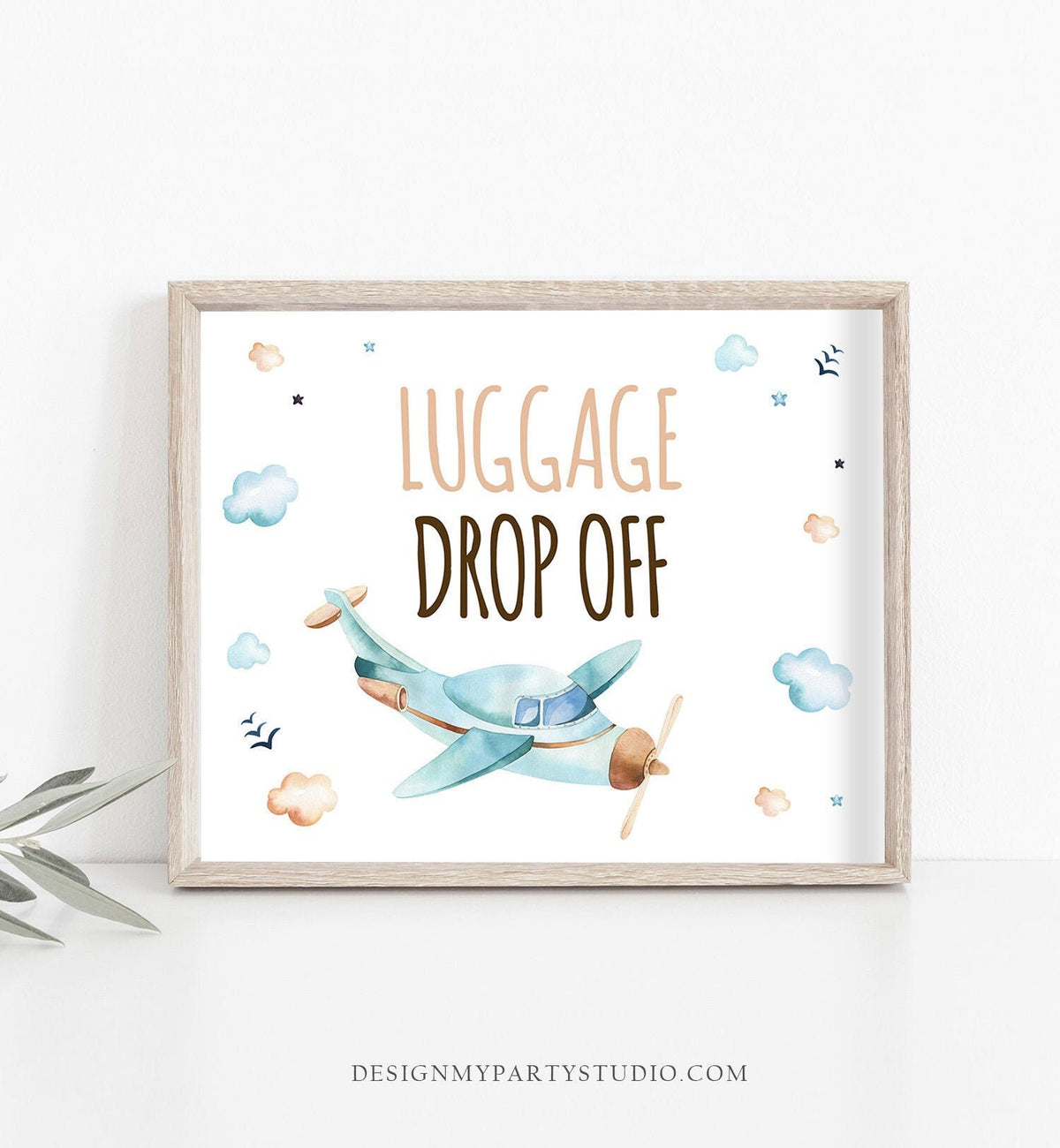 Luggage Drop Off Sign Airplane Birthday Baby Shower Party Vintage Around the World Travel Adventure Blue Boy Download Printable 0185