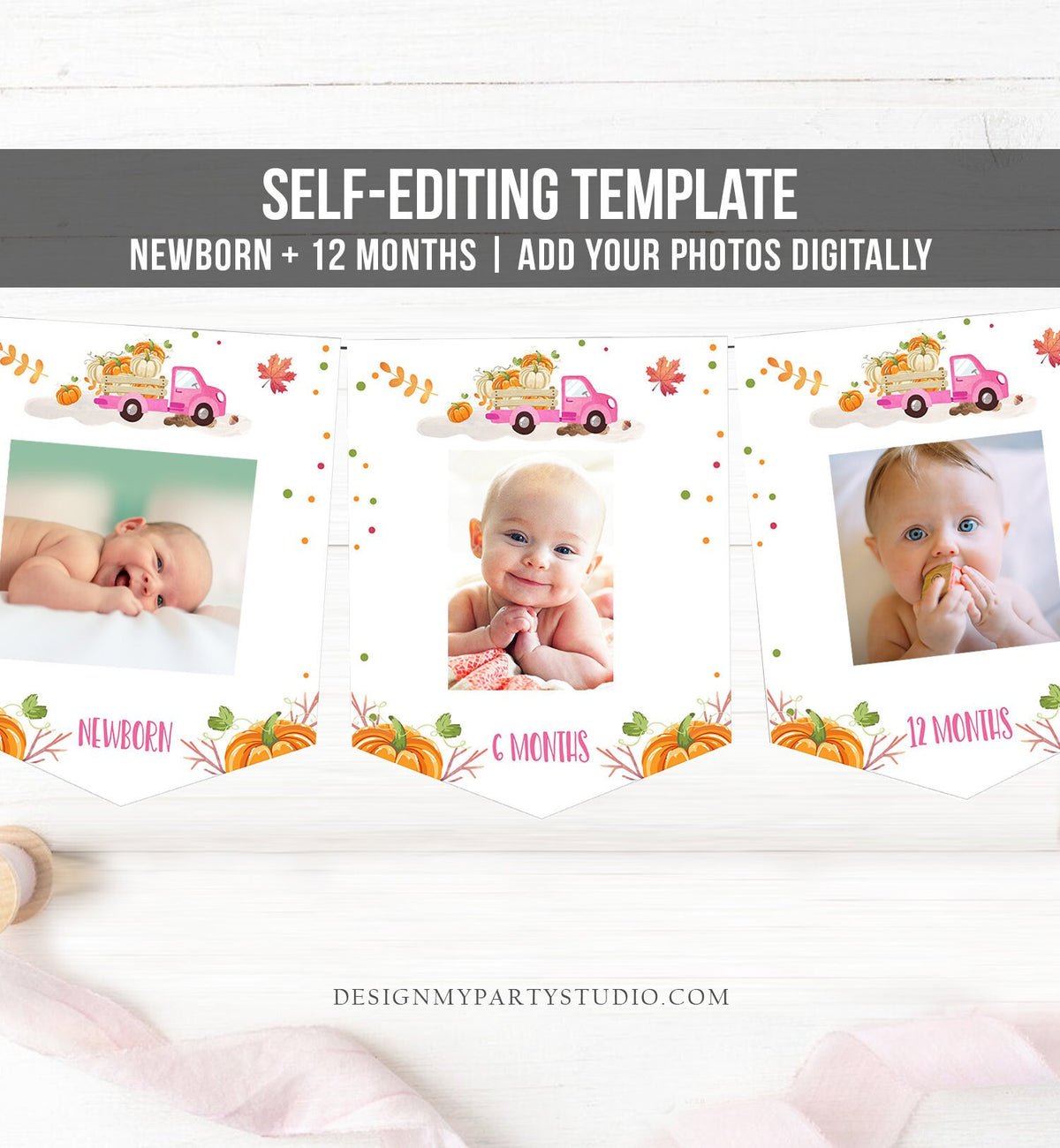 Editable Pumpkin First Birthday Banner Monthly Photo Banner Pink Pumpkin Truck Banner Pumpkin Birthday Girl Fall Autumn PRINTABLE Corjl 0153