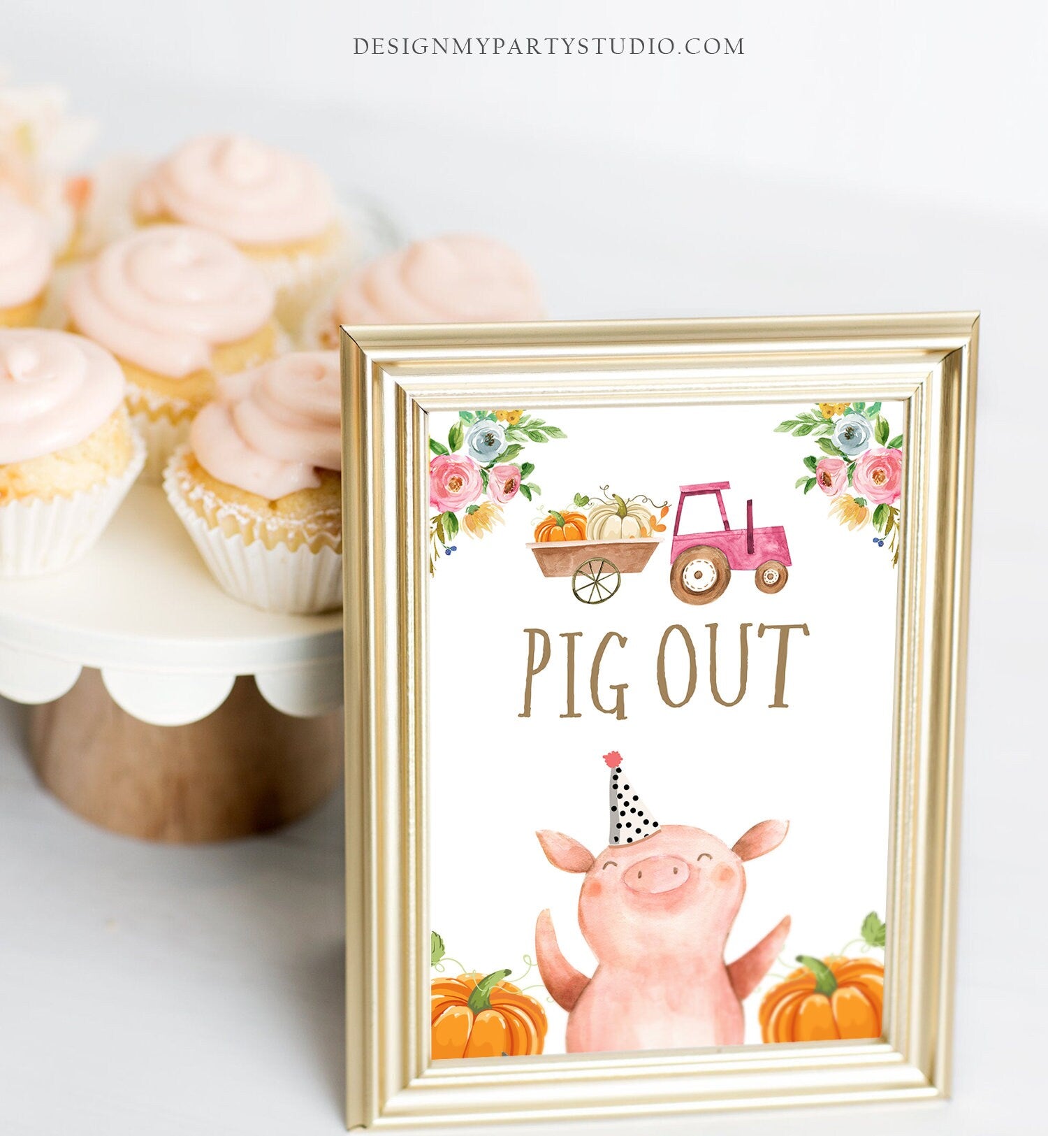 Pig Out Table Sign Pumpkin Farm Animals Birthday Decorations Barnyard Decor Fall Girl Pink Farm Buffet Sign Digital Download Printable 0155