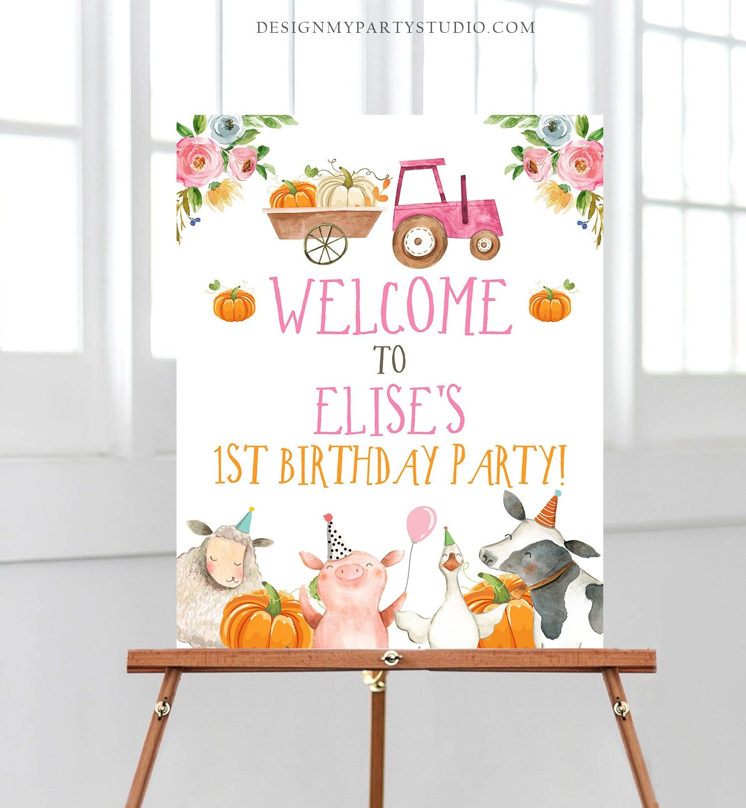 Editable Pumpkin Farm Birthday Welcome Sign Barnyard Birthday Welcome Sign Farm Animals Birthday Fall Girl Digital Template Printable 0155