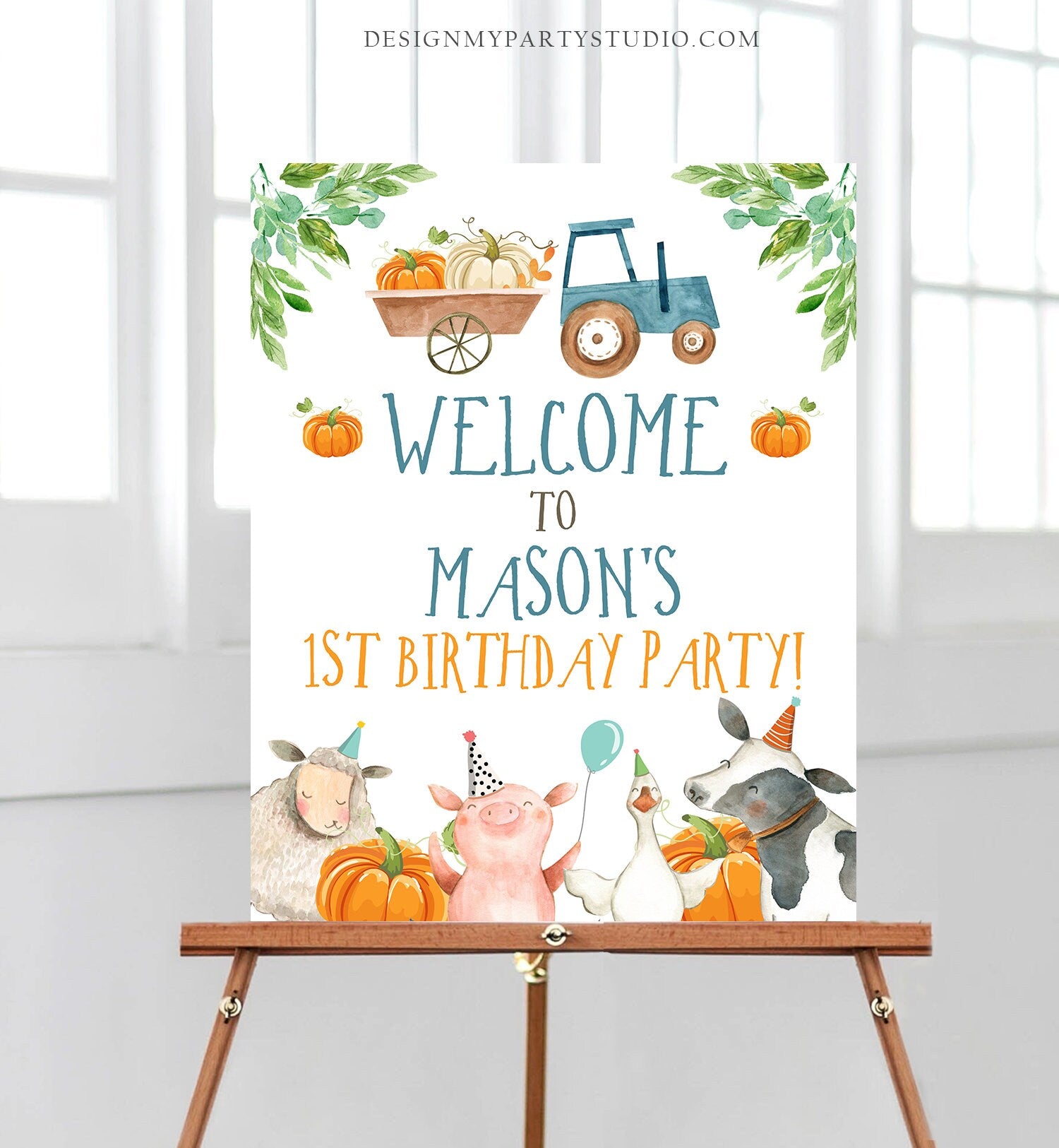 Editable Pumpkin Farm Birthday Welcome Sign Barnyard Birthday Welcome Sign Farm Animals Birthday Fall Boy Template Corjl PRINTABLE 0155