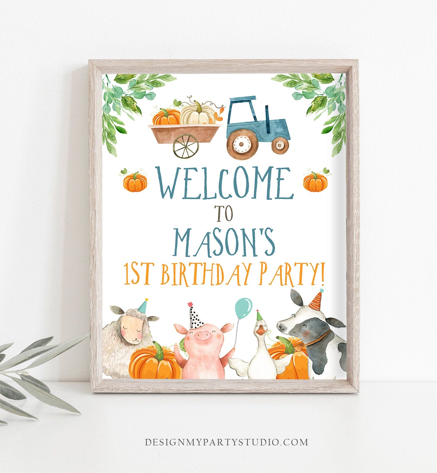 Editable Pumpkin Farm Birthday Welcome Sign Barnyard Birthday Welcome Sign Farm Animals Birthday Fall Boy Template Corjl PRINTABLE 0155