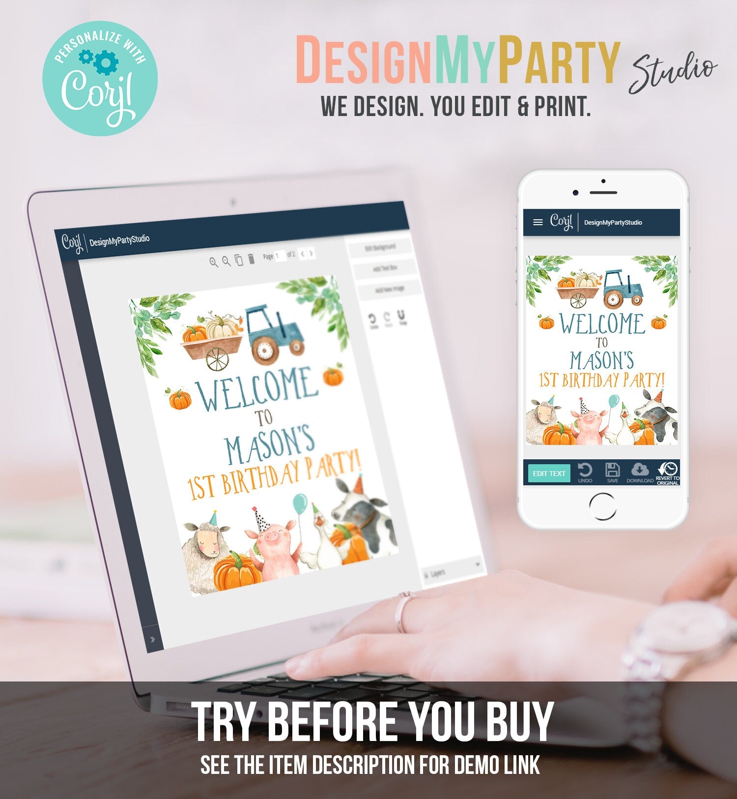 Editable Pumpkin Farm Birthday Welcome Sign Barnyard Birthday Welcome Sign Farm Animals Birthday Fall Boy Template Corjl PRINTABLE 0155