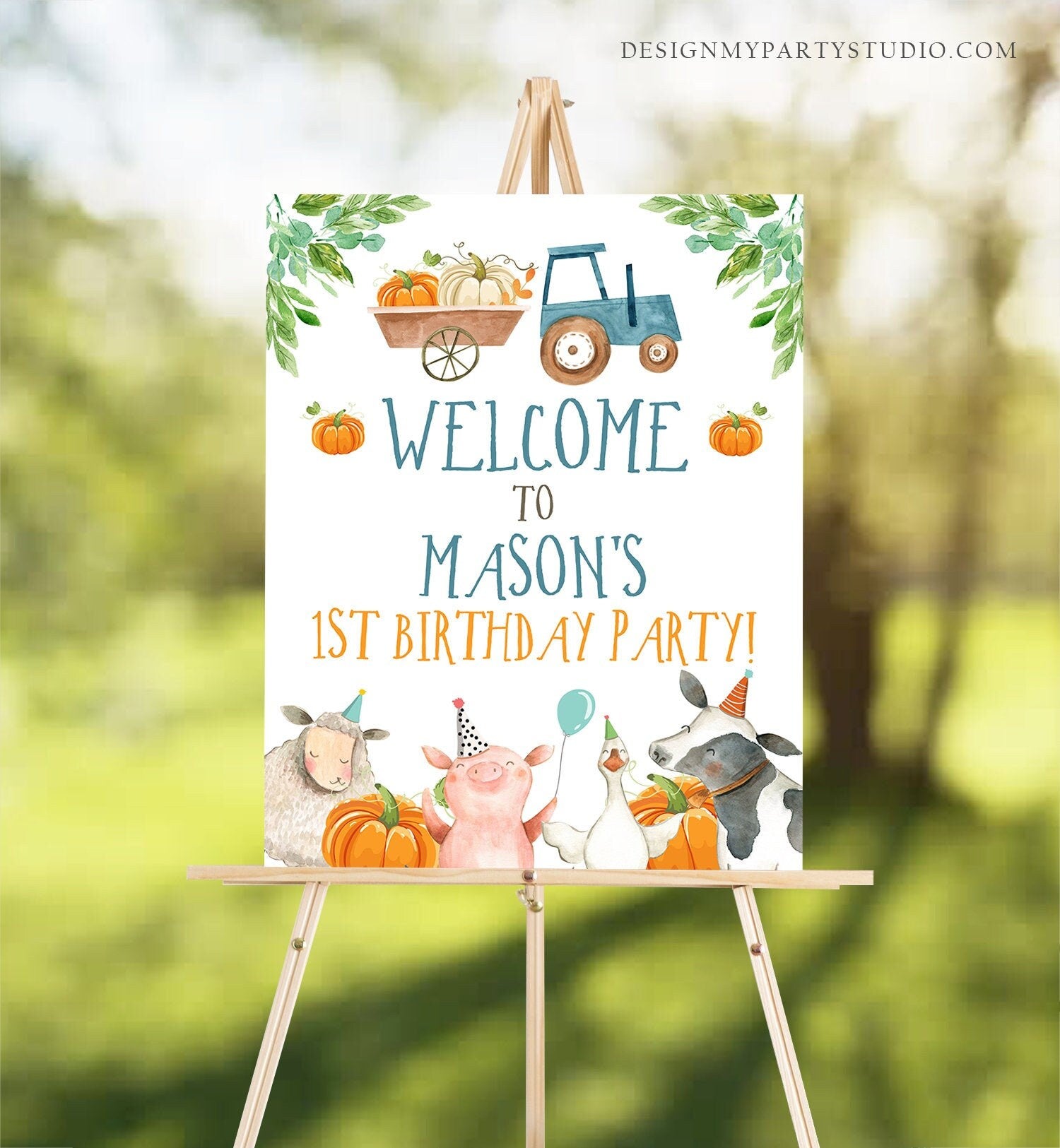 Editable Pumpkin Farm Birthday Welcome Sign Barnyard Birthday Welcome Sign Farm Animals Birthday Fall Boy Template Corjl PRINTABLE 0155