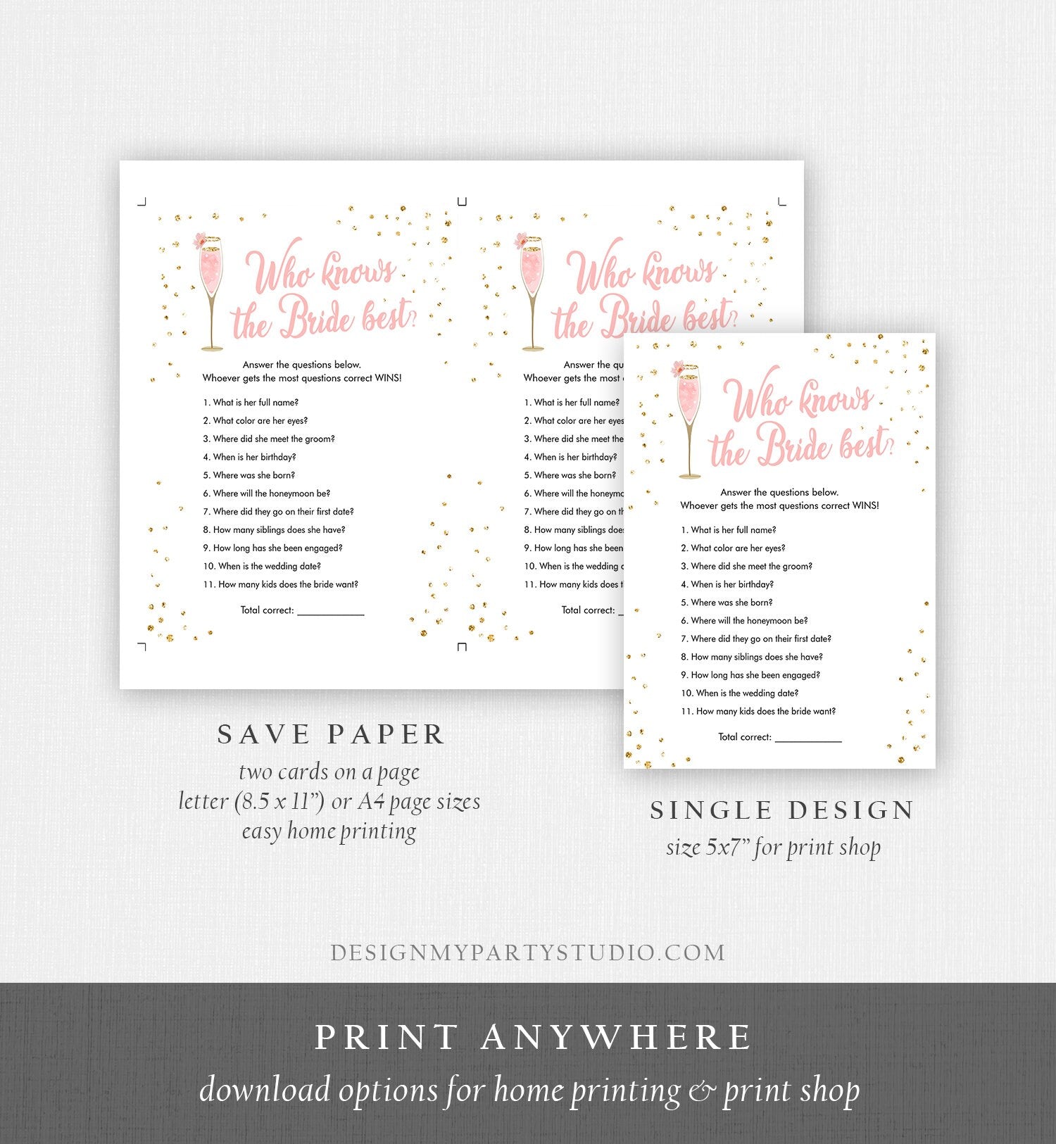 Editable Who Knows the Bride Best Bridal Shower Game Brunch and Bubbly Wedding Shower Activity Pink Gold Corjl Template Printable 0150