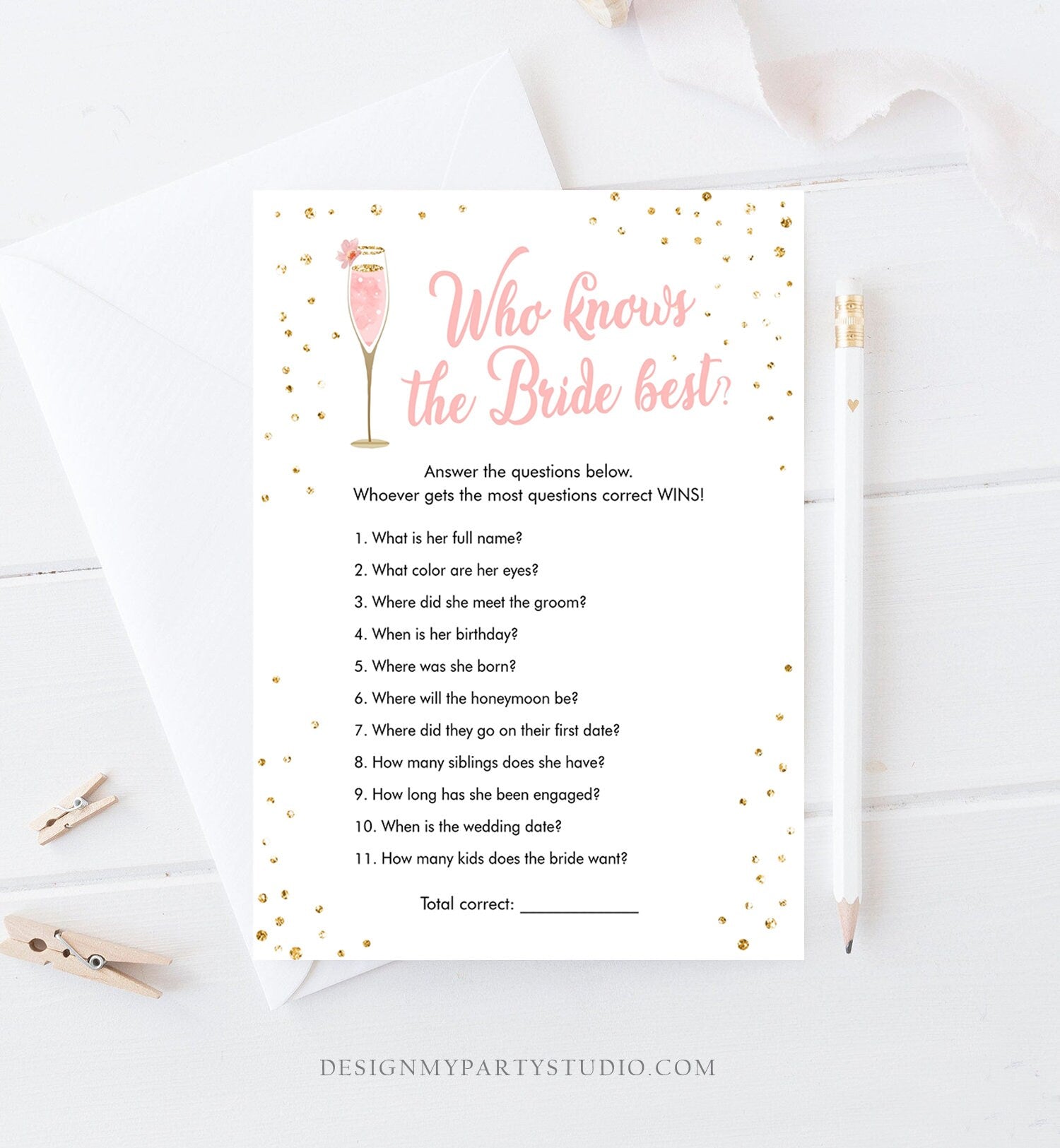 Editable Who Knows the Bride Best Bridal Shower Game Brunch and Bubbly Wedding Shower Activity Pink Gold Corjl Template Printable 0150