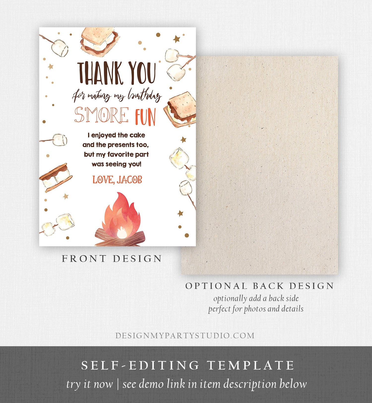 Editable S'more Birthday Thank you Card Smore Fun With You Thank You Rustic Camping Fall Autumn Template Instant Download Corjl 0179