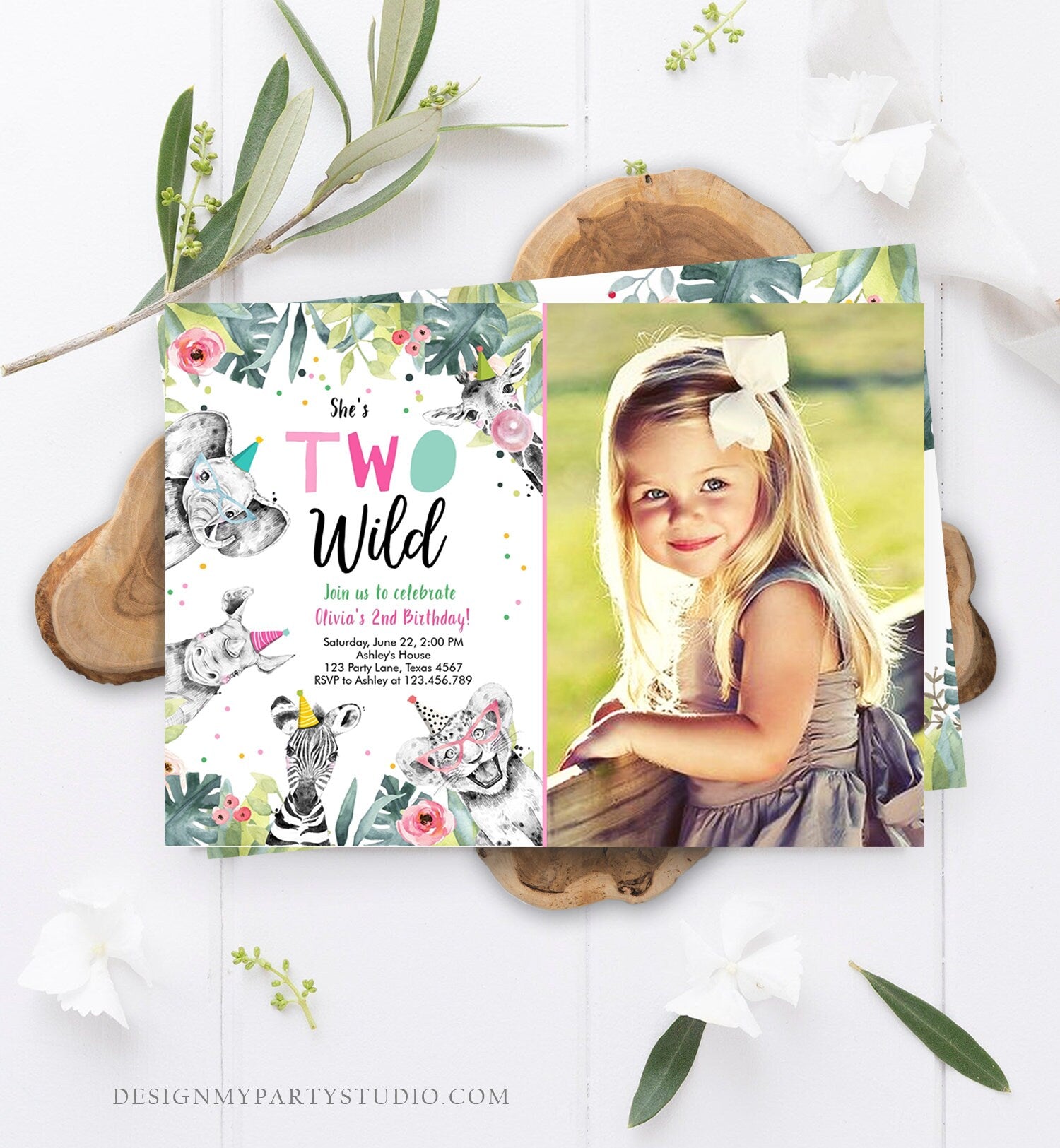 Editable Birthday Invitation Girl Two Wild Animals Invite Pink and Gold Safari Zoo Instant Download Printable Template Digital Corjl 0322