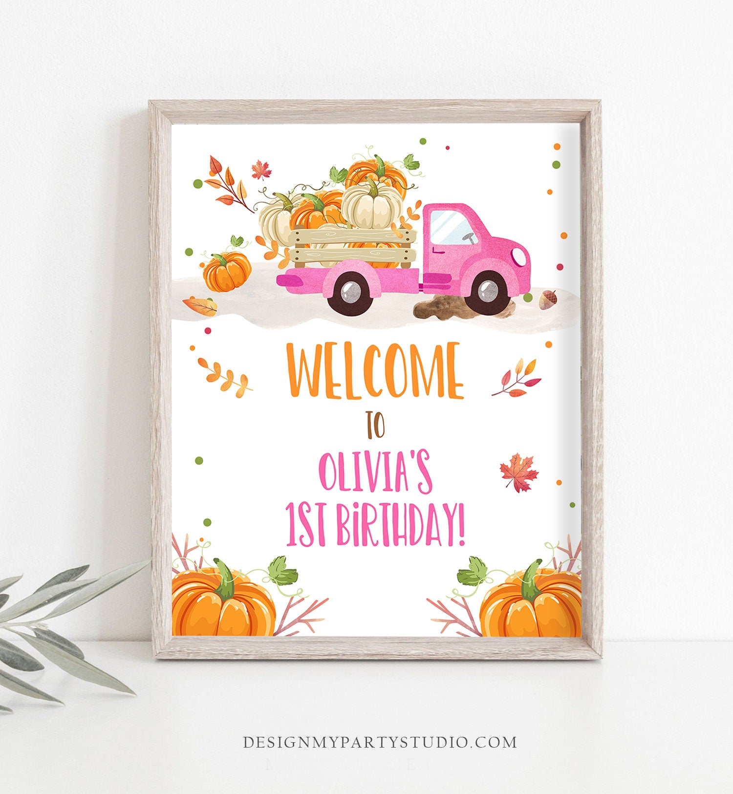 Editable Pumpkin Welcome Sign Pumpkin Truck Birthday Fall Baby Shower Fall Welcome First Birthday Girl Pink Template Corjl PRINTABLE 0153