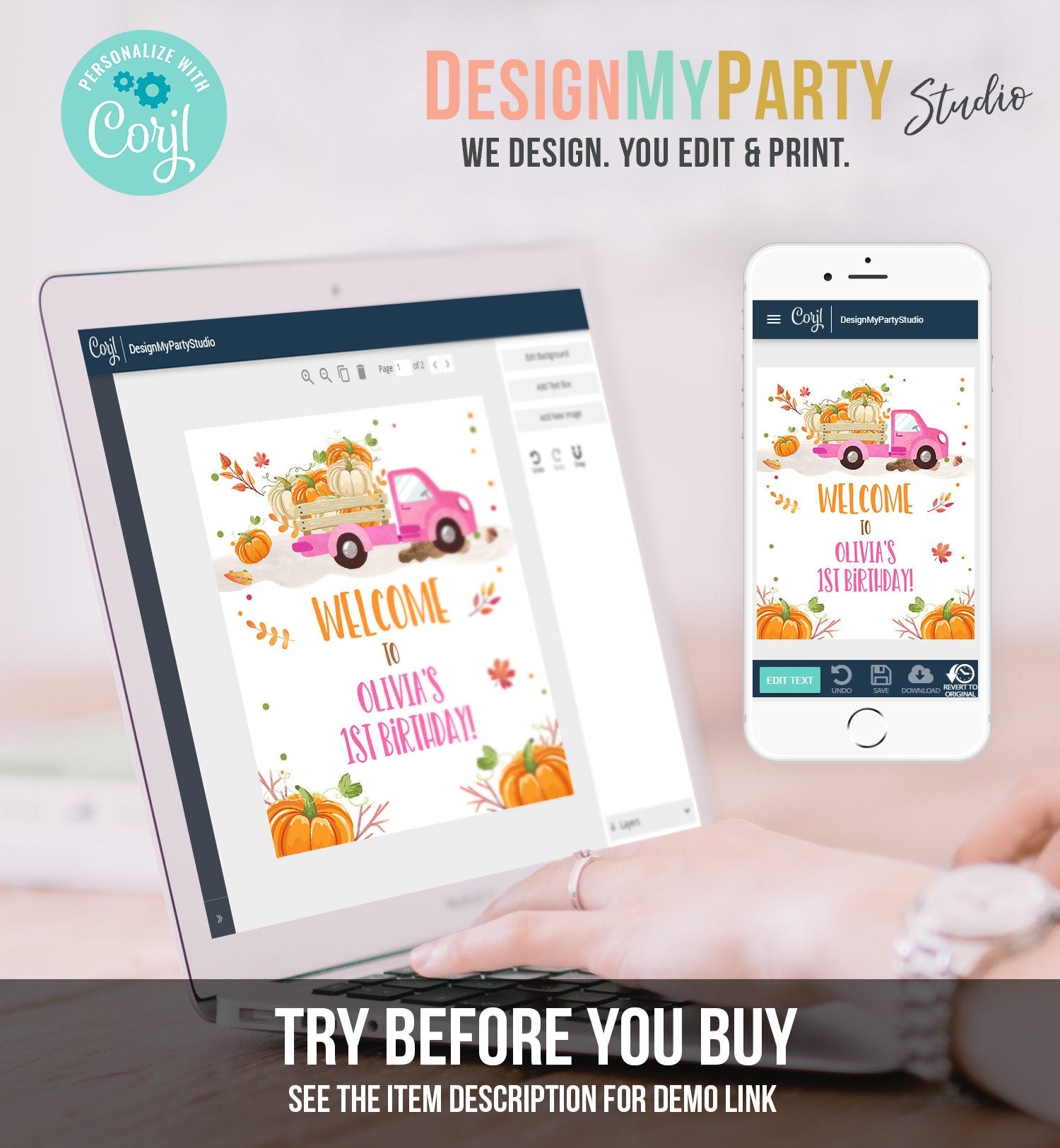 Editable Pumpkin Welcome Sign Pumpkin Truck Birthday Fall Baby Shower Fall Welcome First Birthday Girl Pink Template Corjl PRINTABLE 0153