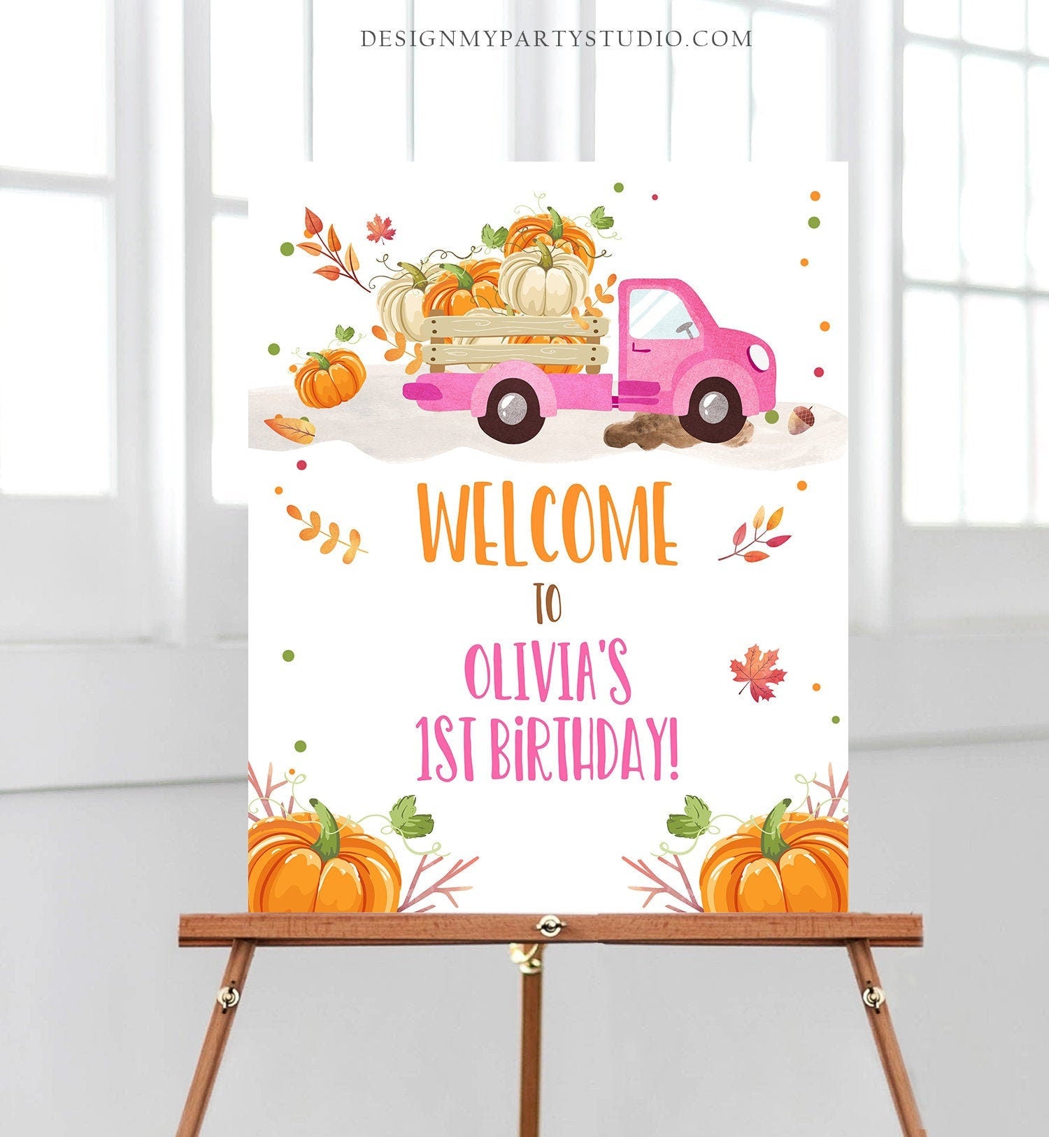 Editable Pumpkin Welcome Sign Pumpkin Truck Birthday Fall Baby Shower Fall Welcome First Birthday Girl Pink Template Corjl PRINTABLE 0153