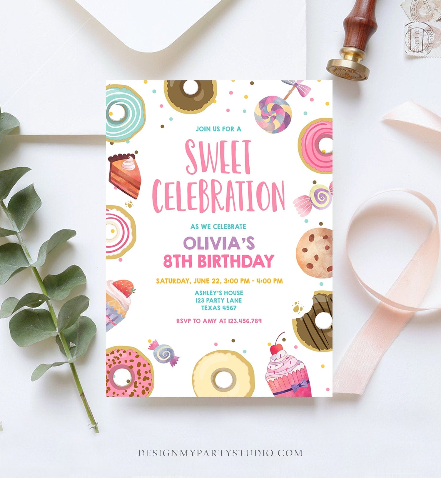 Editable Sweet Celebration Invitation Candy Birthday Invite Sweet Shoppe Donuts Girl Sweets Candy Download Evite Template Printable 0339