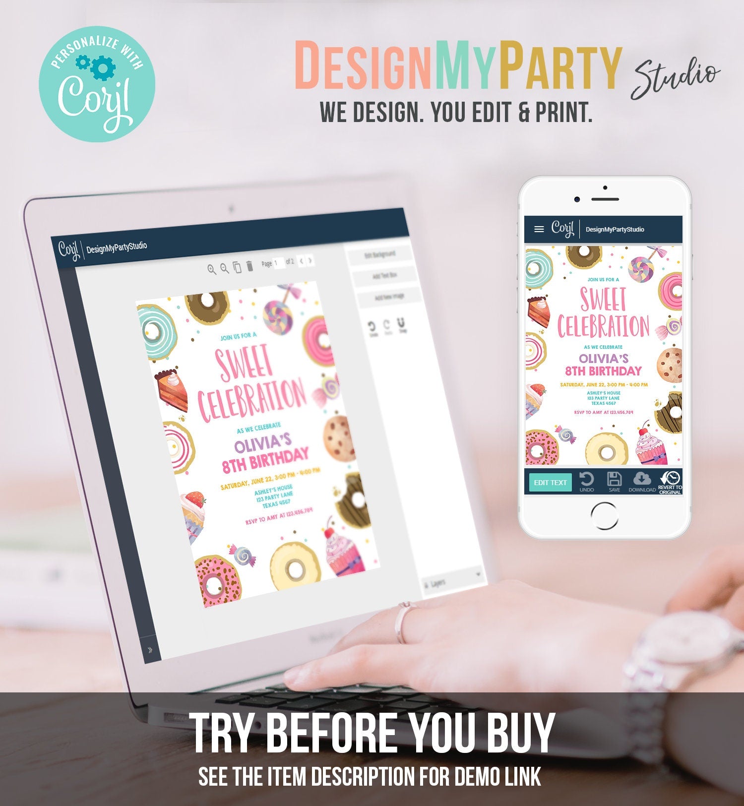 Editable Sweet Celebration Invitation Candy Birthday Invite Sweet Shoppe Donuts Girl Sweets Candy Download Evite Template Printable 0339