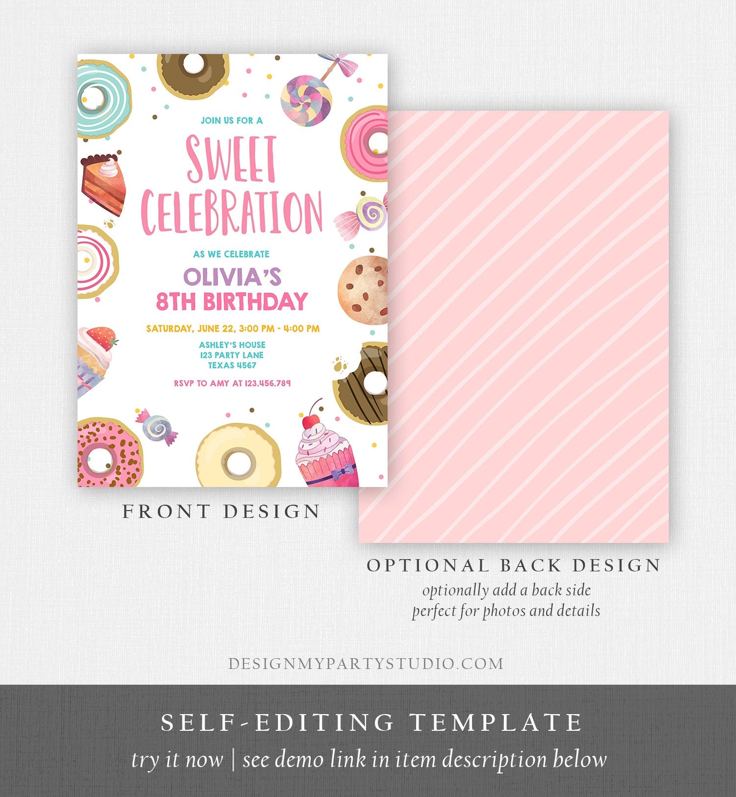 Editable Sweet Celebration Invitation Candy Birthday Invite Sweet Shoppe Donuts Girl Sweets Candy Download Evite Template Printable 0339