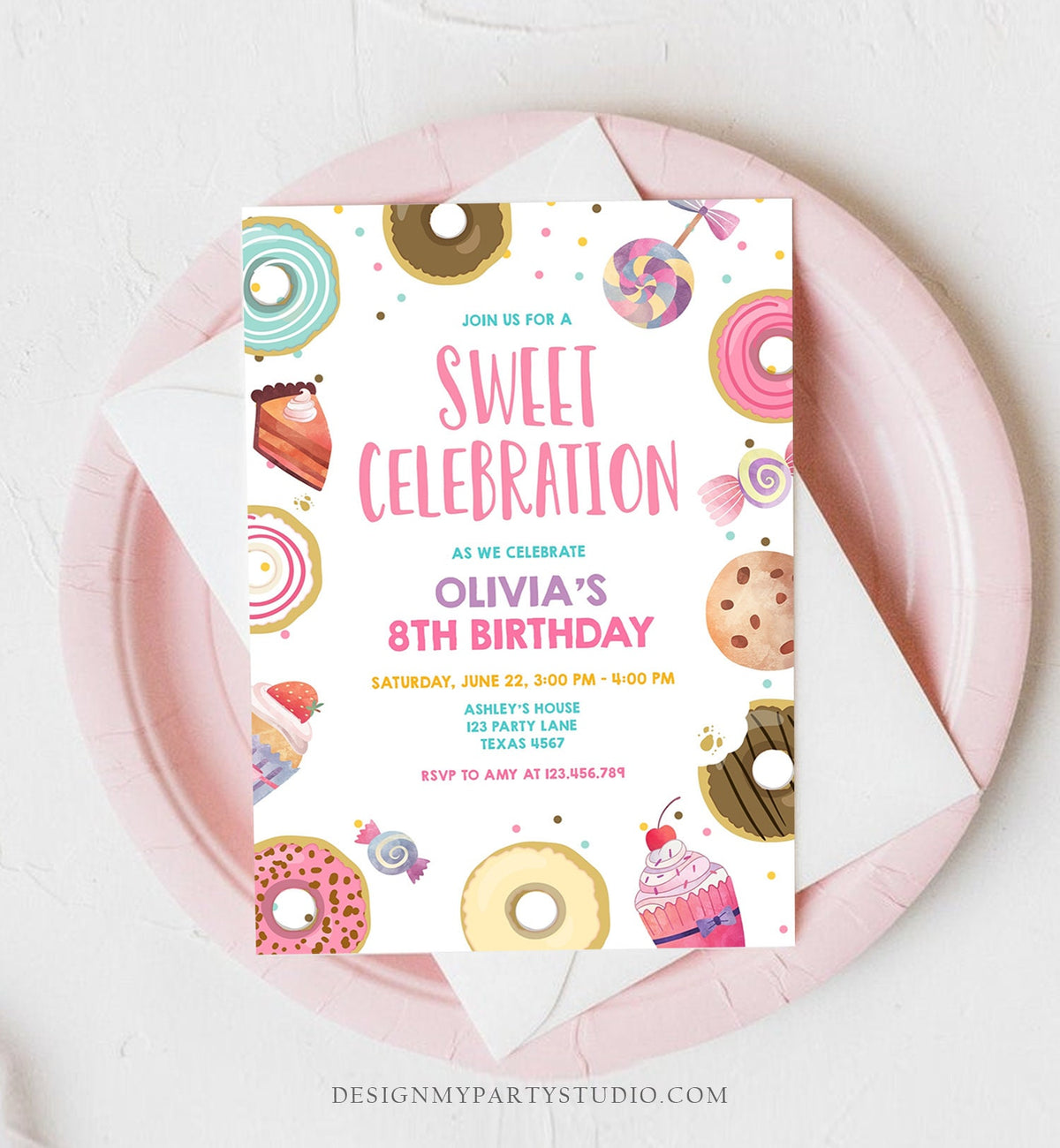 Editable Sweet Celebration Invitation Candy Birthday Invite Sweet Shoppe Donuts Girl Sweets Candy Download Evite Template Printable 0339