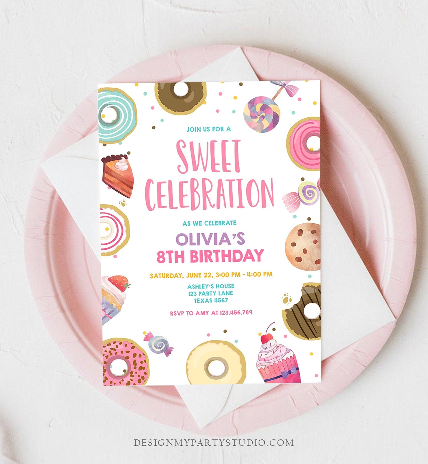 Editable Sweet Celebration Invitation Candy Birthday Invite Sweet Shoppe Donuts Girl Sweets Candy Download Evite Template Printable 0339