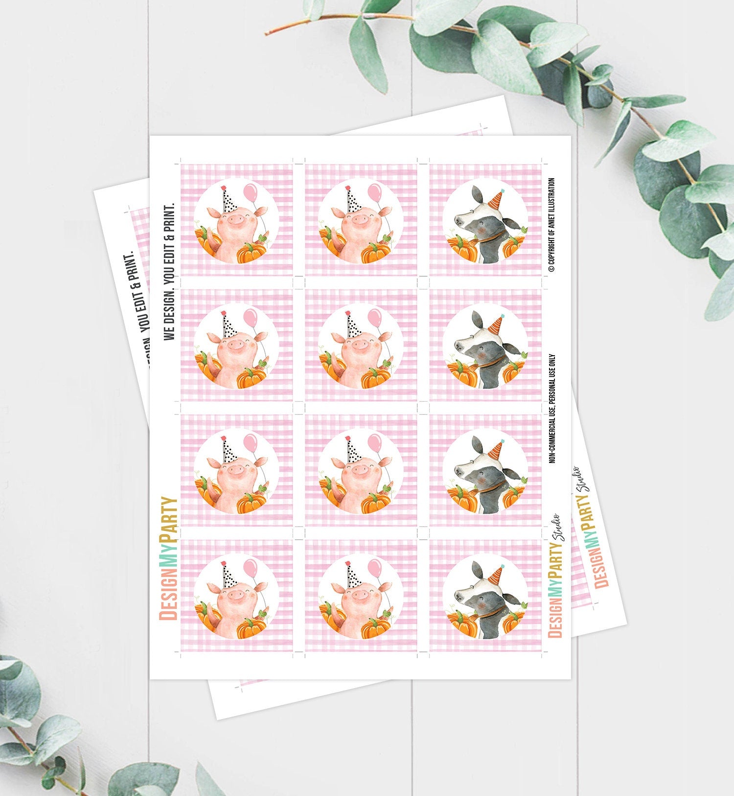 Pumpkin Farm Animals Birthday Cupcake Toppers Favor Tags Farm Birthday Party Decor Girl Barnyard Pink Stickers Digital PRINTABLE 0155