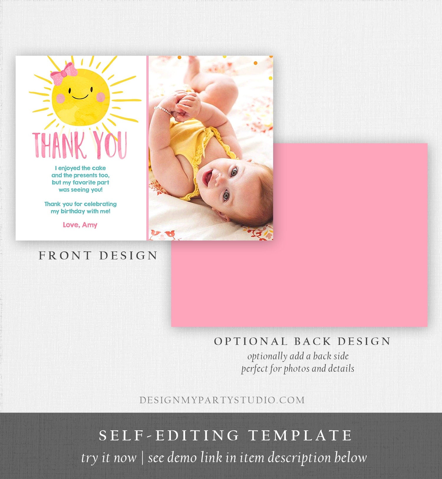 Editable Little Sunshine Thank You Card Birthday Party Pink Girl Bow Baby Shower First Birthday 1st Digital Corjl Template Printable 0141