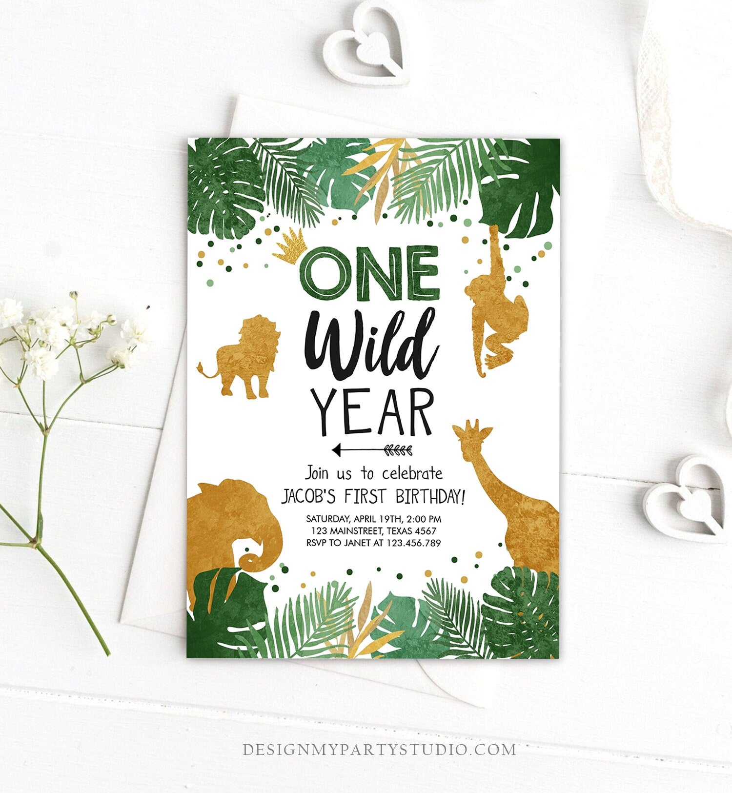 Editable Wild One Birthday Invite Safari Animals Jungle One Wild Year Black Gold First Birthday 1st Download Printable Corjl Template 0016