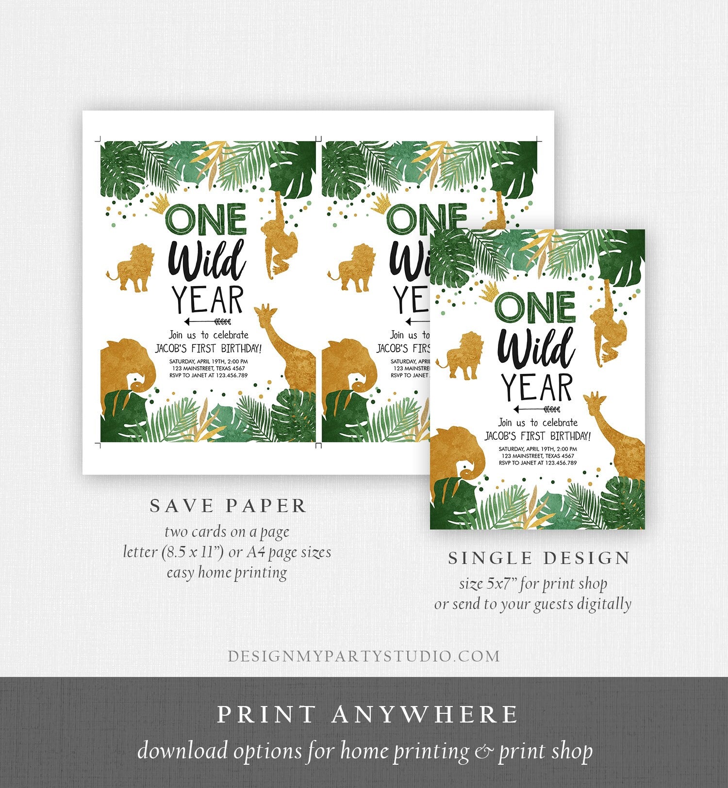 Editable Wild One Birthday Invite Safari Animals Jungle One Wild Year Black Gold First Birthday 1st Download Printable Corjl Template 0016