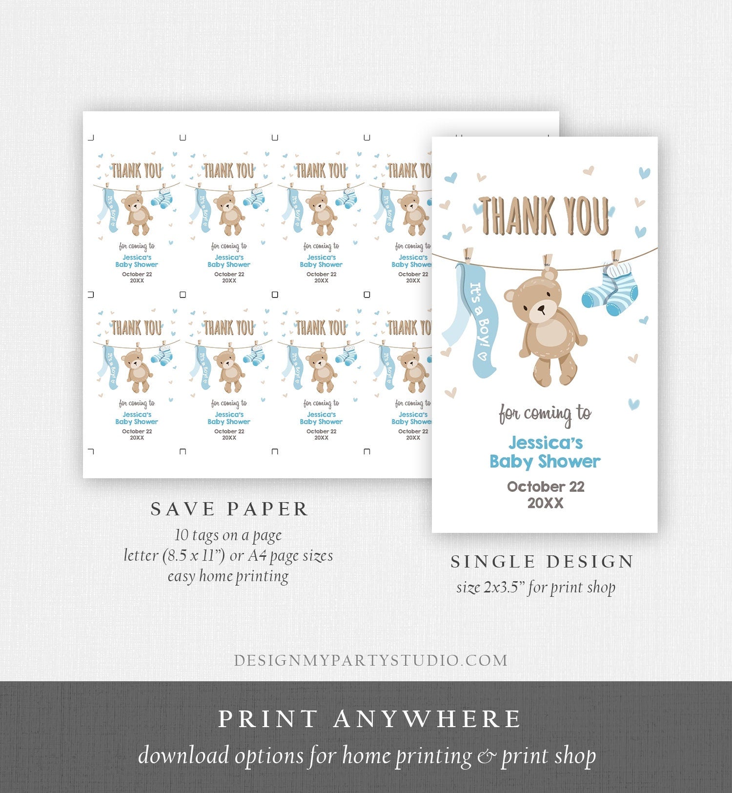 Editable Teddy Bear Baby Shower Favor Tags Bear Baby Shower Thank you Tags Woodland Baby Boy Blue Little Cub Gift Tags Template Corjl 0025