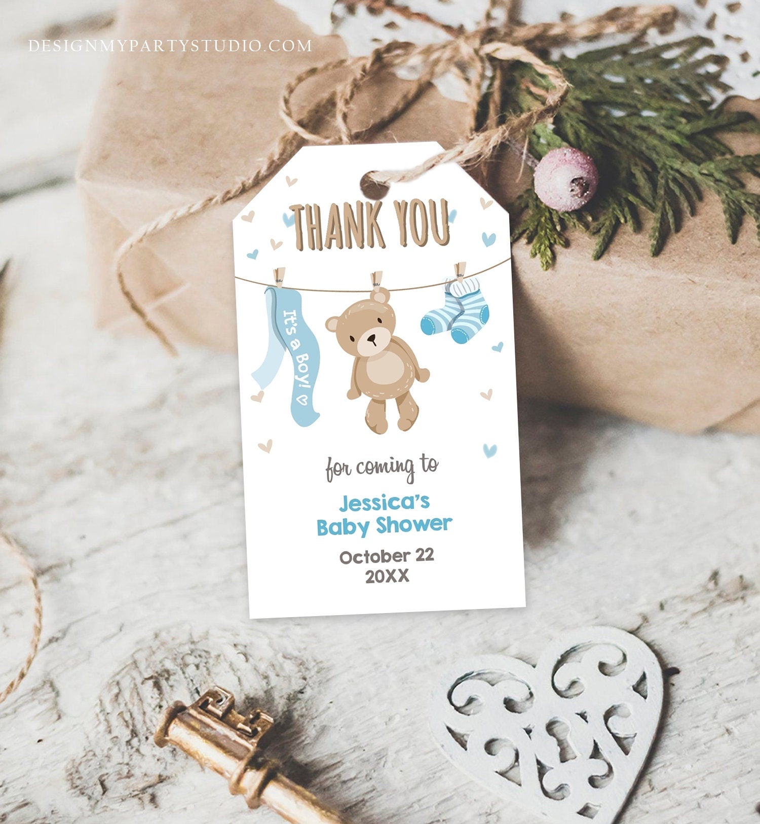 Editable Teddy Bear Baby Shower Favor Tags Bear Baby Shower Thank you Tags Woodland Baby Boy Blue Little Cub Gift Tags Template Corjl 0025