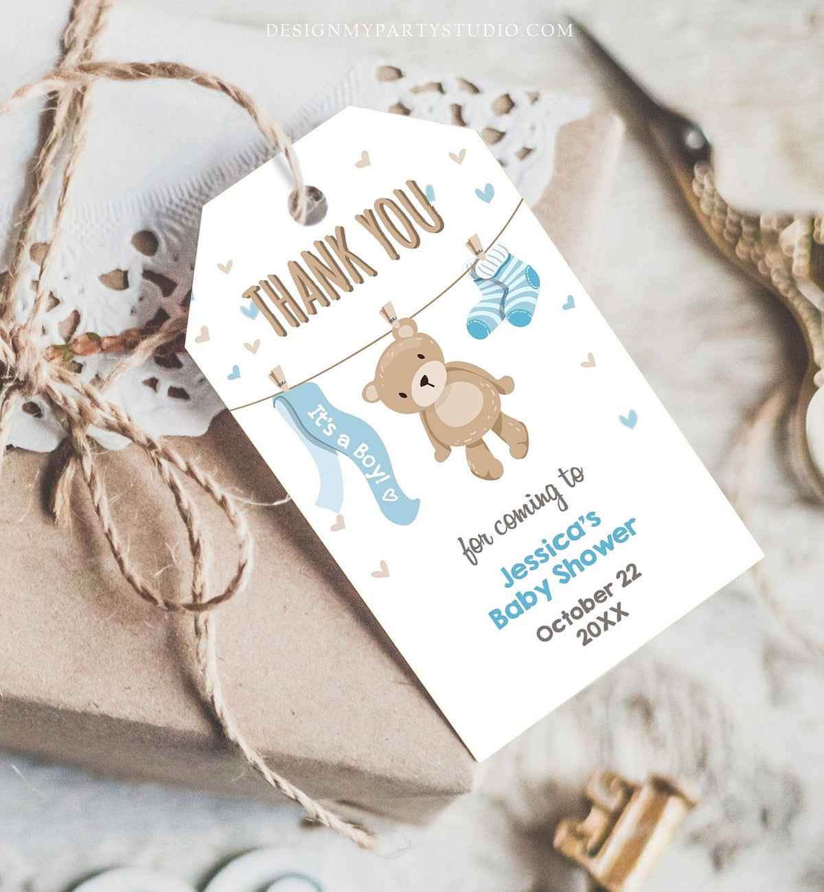 Editable Teddy Bear Baby Shower Favor Tags Bear Baby Shower Thank you Tags Woodland Baby Boy Blue Little Cub Gift Tags Template Corjl 0025