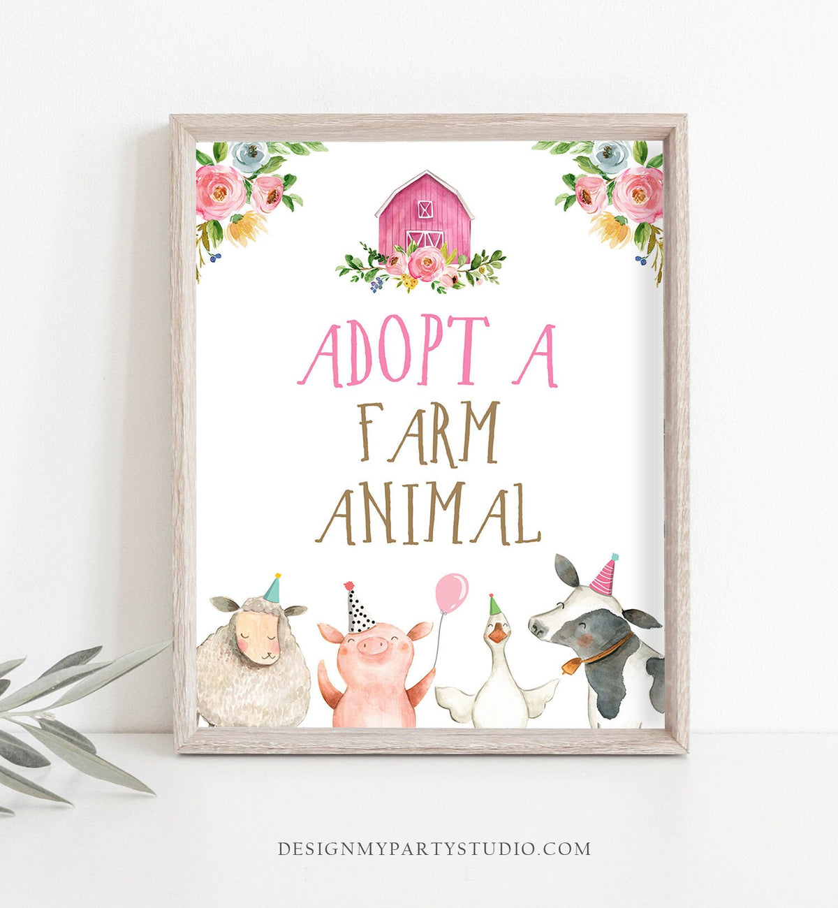 Adopt a Farm Animal Party Sign Farm Birthday Sign Favors Barnyard Birthday Party Animals Girl Favor Sign Pink Farm Party Printable 0155