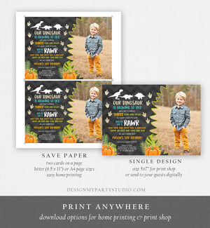 Editable Dinosaur Birthday Invitation Pumpkin Fall Pumpkin Patch Dino Dig Party Prehistoric Boy Chalk T-Rex Printable Template Corjl 0043