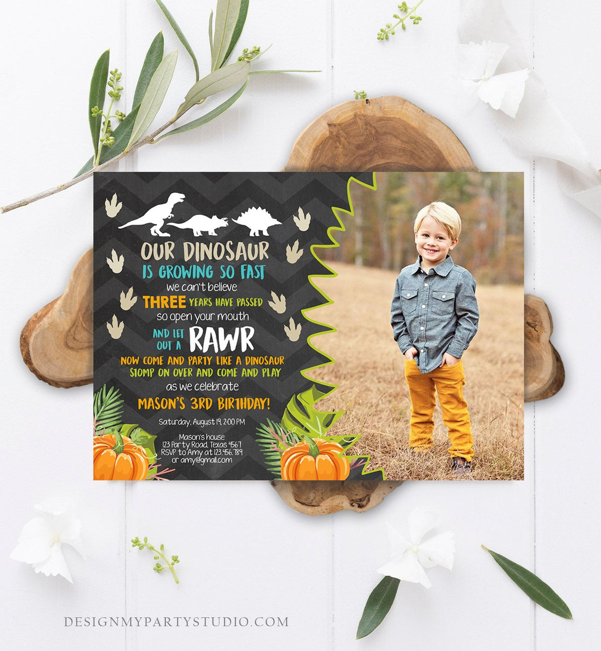 Editable Dinosaur Birthday Invitation Pumpkin Fall Pumpkin Patch Dino Dig Party Prehistoric Boy Chalk T-Rex Printable Template Corjl 0043