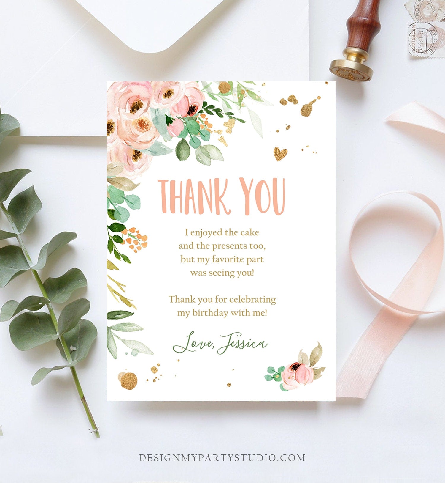 Editable Thank You Card Birthday Thank you Note Miss Onederful Pink Mint Gold Floral Flowers Download Printable Template Digital Corjl 0147