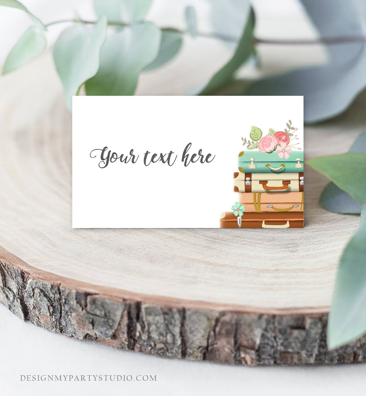 Editable Travel Adventure Food Labels Place Card Traveling to Mrs Tent Card Adventure Bridal Shower Suitcases Corjl Template Printable 0044