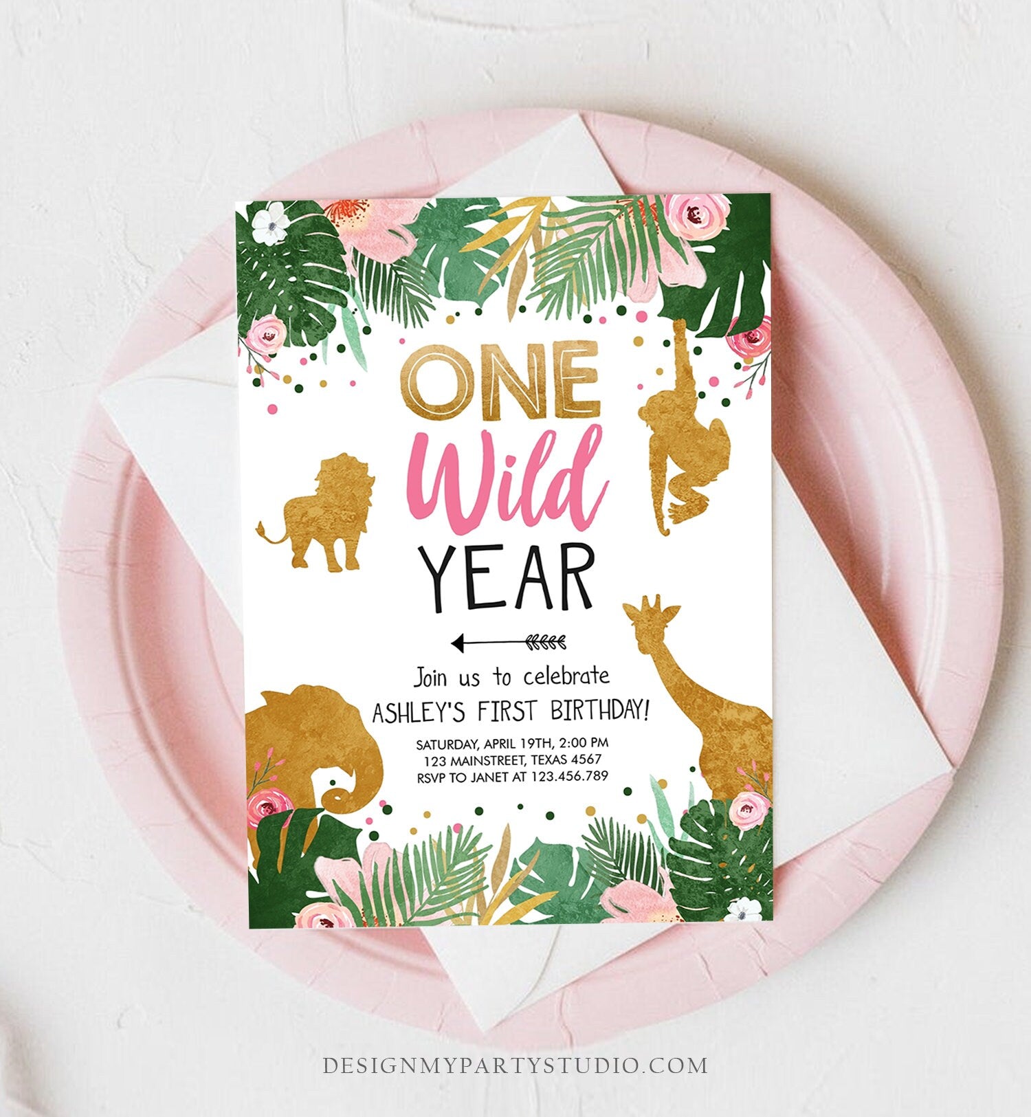 Editable Wild One Birthday Invite Safari Animals Jungle One Wild Year Pink Gold First Birthday 1st Download Printable Corjl Template 0016