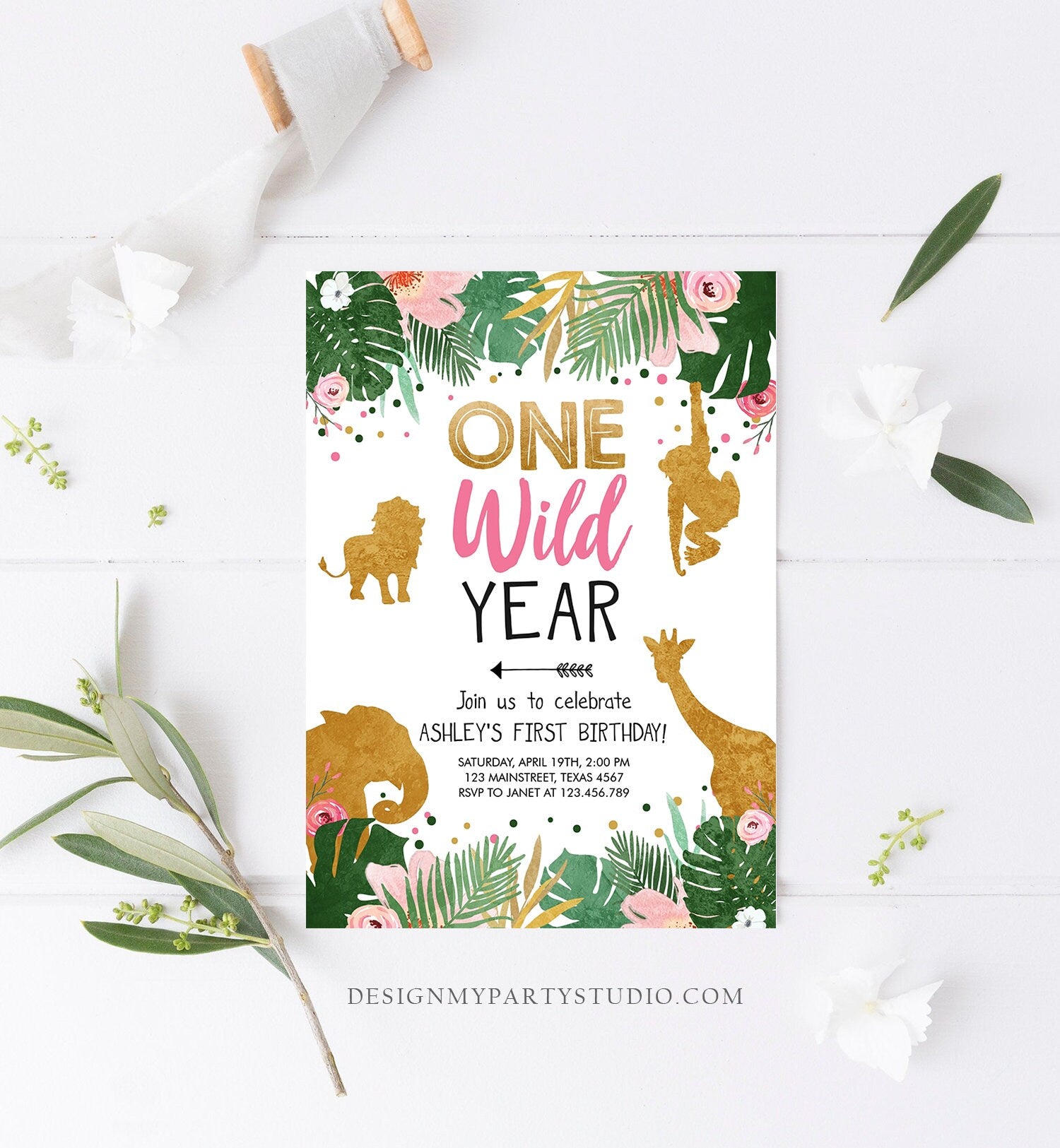 Editable Wild One Birthday Invite Safari Animals Jungle One Wild Year Pink Gold First Birthday 1st Download Printable Corjl Template 0016