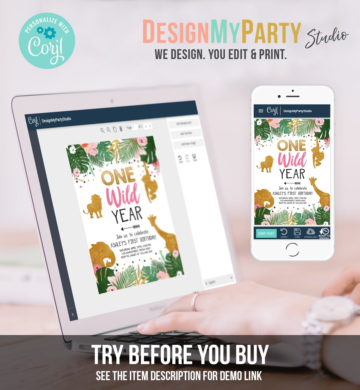 Editable Wild One Birthday Invite Safari Animals Jungle One Wild Year Pink Gold First Birthday 1st Download Printable Corjl Template 0016