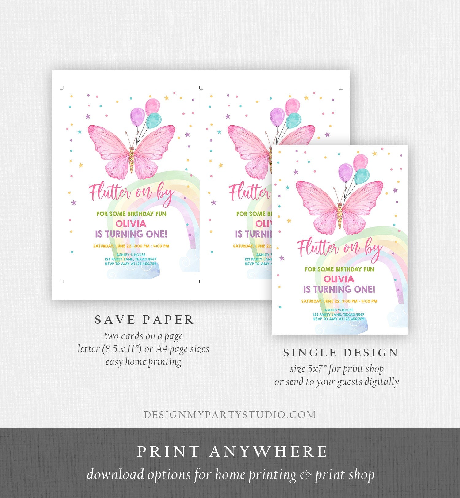 Editable Butterfly Birthday Invitation Butterfly Invitation Garden Floral Flowers Pink Gold Girl Download Printable Template Corjl 0162