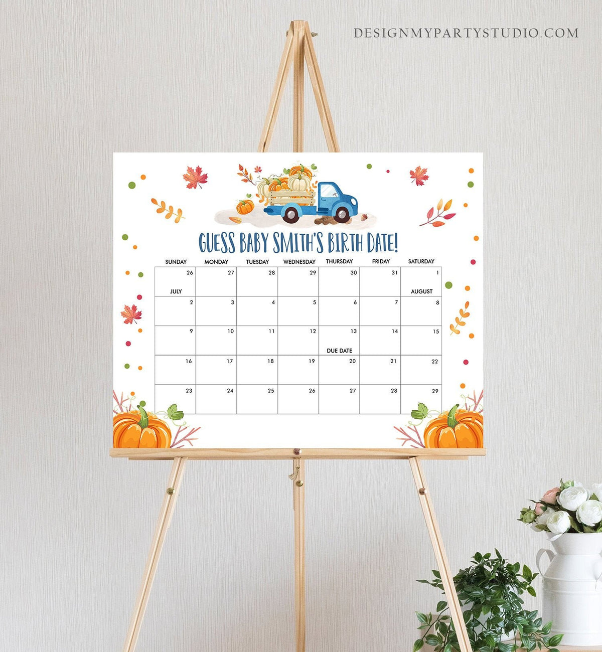 Editable Guess the Birth Date Baby Shower Game Guess Birthday Pumpkin Truck Blue Boy Fall On the Way Autumn Corjl Template Printable 0153