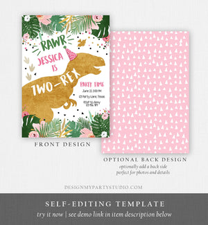 Editable Two-Rex Dinosaur Birthday Invitation Dino T-Rex Girl Second Birthday 2nd RAWR ROAR Pink Gold Prehistoric Corjl Template 0146