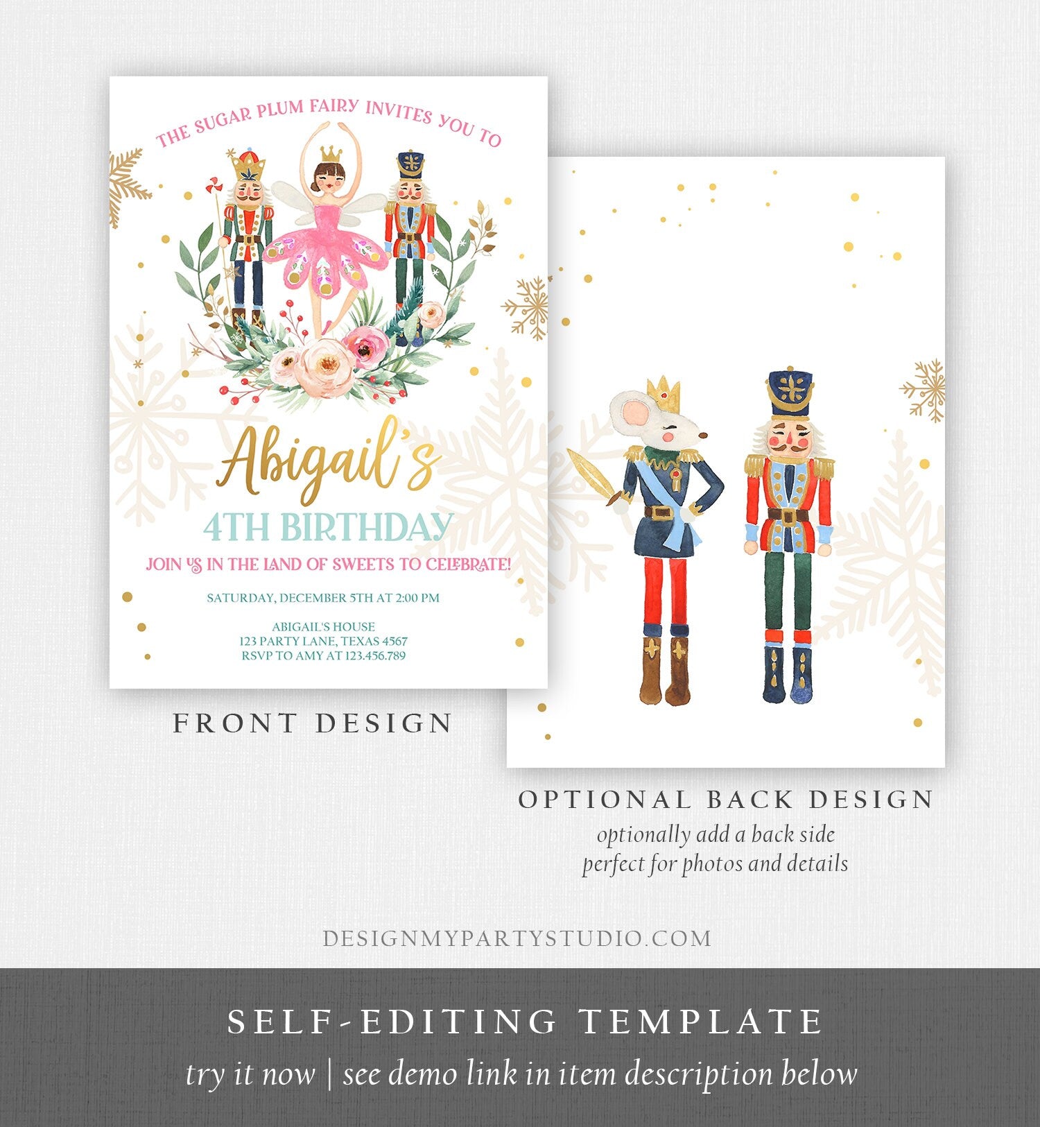 Editable Nutcracker Birthday Invitation Ballet Christmas Birthday Pink Girl Sugar Plum Fairy Digital Download Evite Template Printable 0352