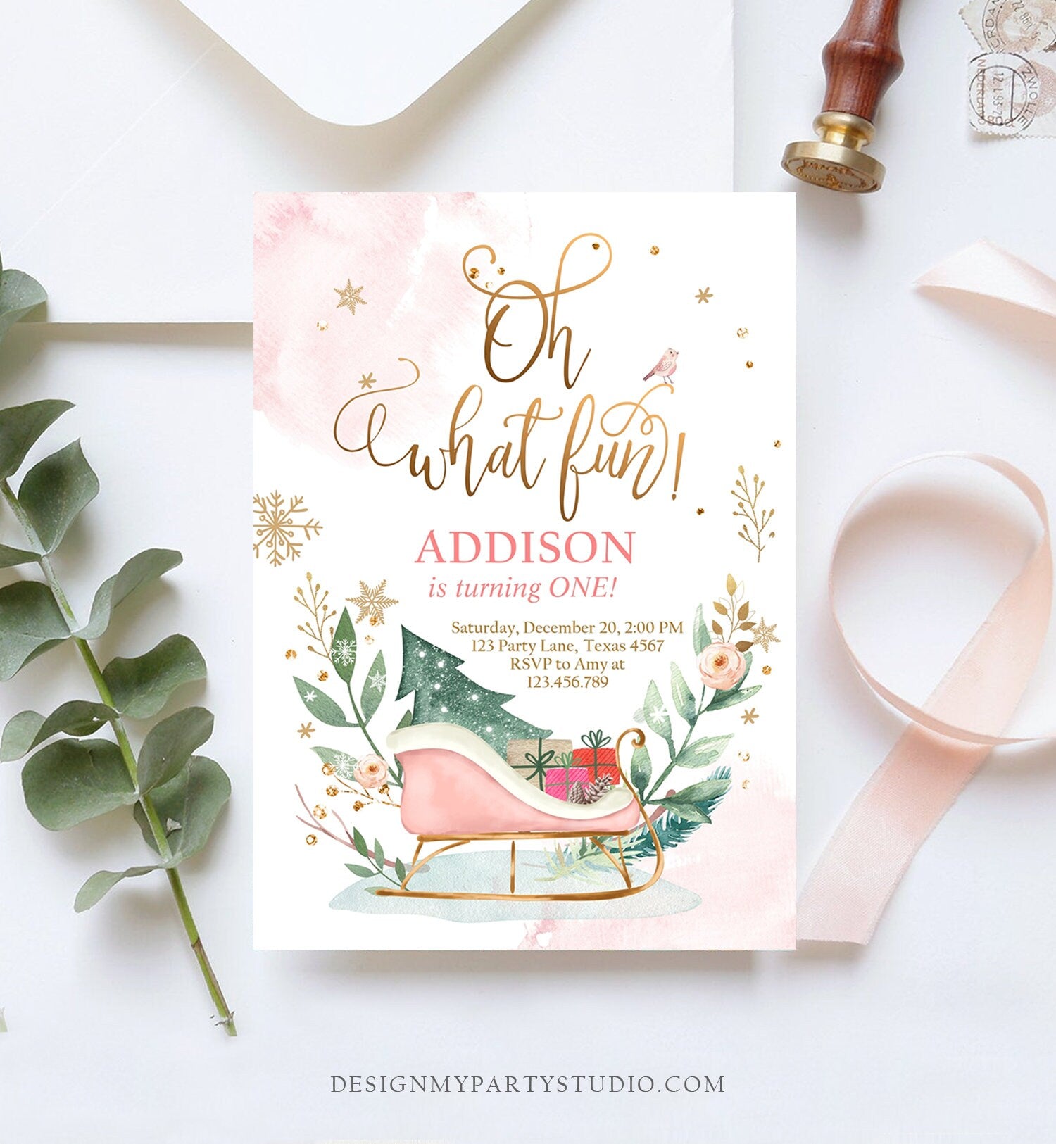 Editable Oh What Fun! Holiday 1st Winter Birthday Invitation Winter Christmas Party Sleigh Trees Girl Pink Gold Printable Template DIY 0353