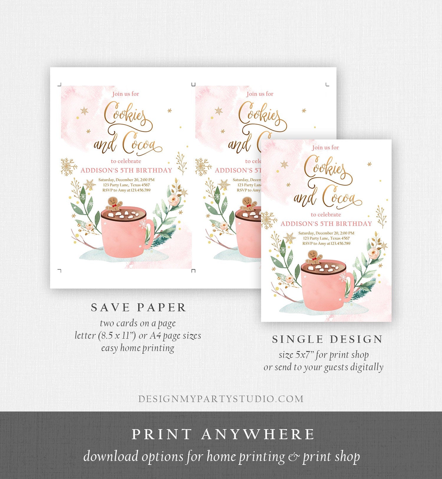 Editable Cookies and Cocoa Invitation Hot Cocoa Party Hot Chocolate Christmas Birthday Girl Pink Gold Download Printable Template Corjl 0353