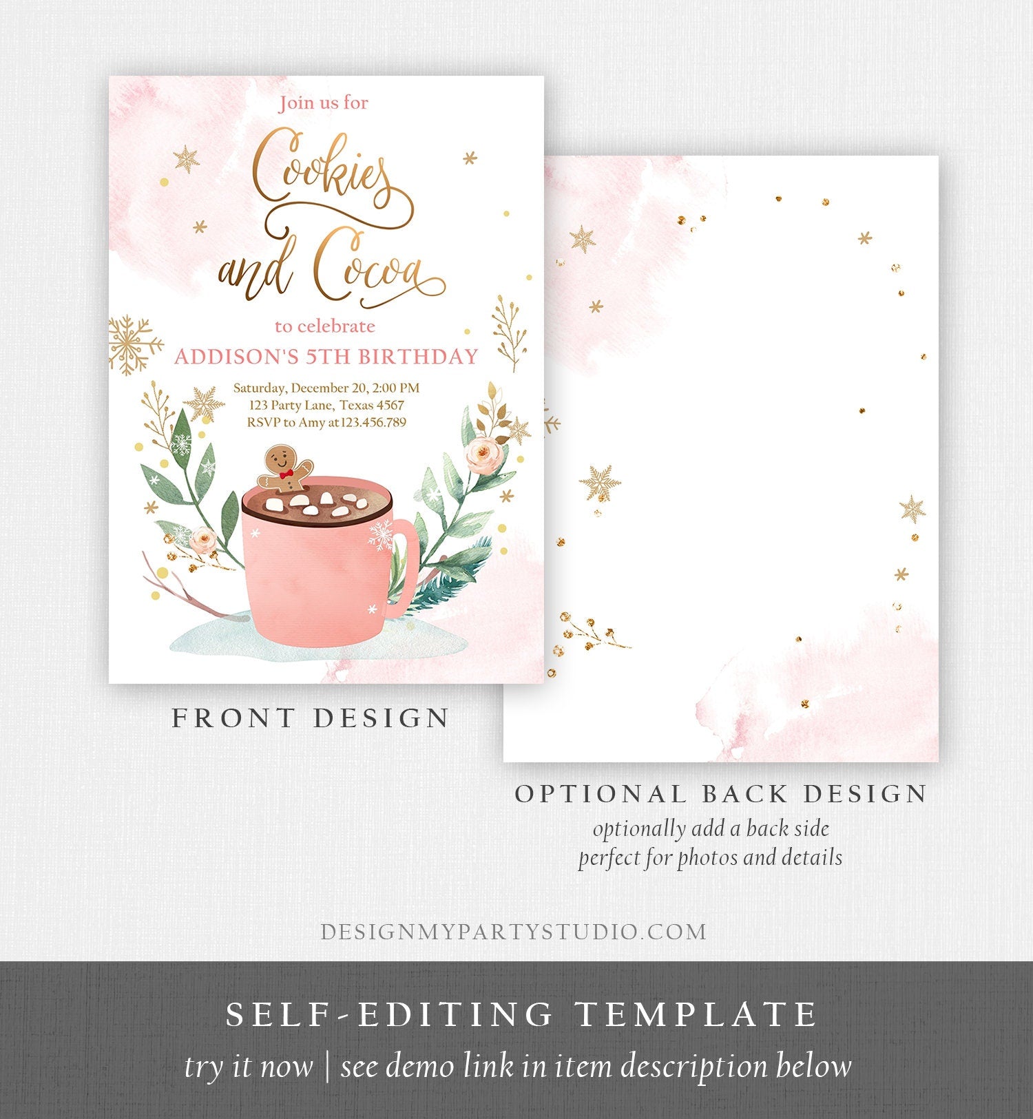 Editable Cookies and Cocoa Invitation Hot Cocoa Party Hot Chocolate Christmas Birthday Girl Pink Gold Download Printable Template Corjl 0353