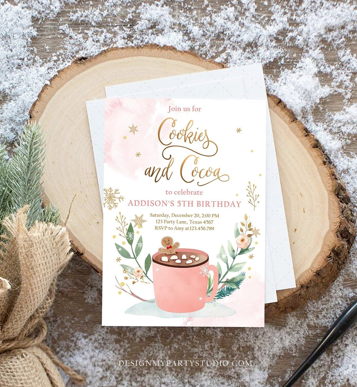 Editable Cookies and Cocoa Invitation Hot Cocoa Party Hot Chocolate Christmas Birthday Girl Pink Gold Download Printable Template Corjl 0353