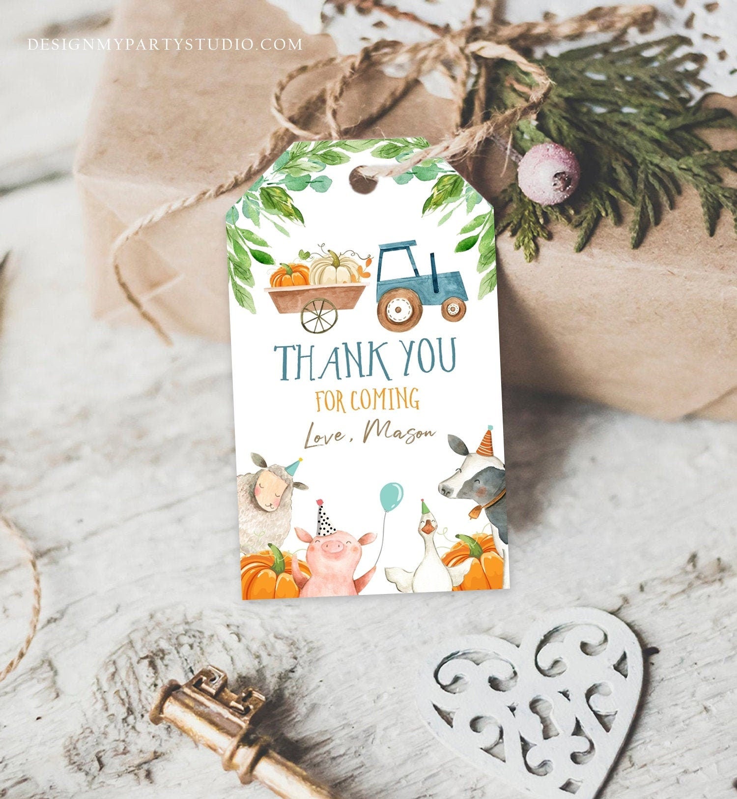 Editable Pumpkin Farm Favor Tags Tags Boy Farm Birthday Thank you tags Barnyard Fall Gift Tags Farm Birthday Digital Template Printable 0155